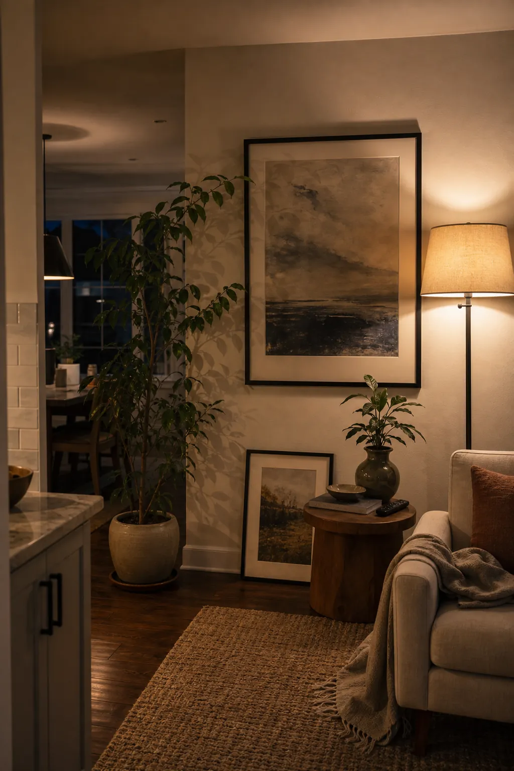 Layered living room accent wall checked at night with warm lamp light plants and framed art