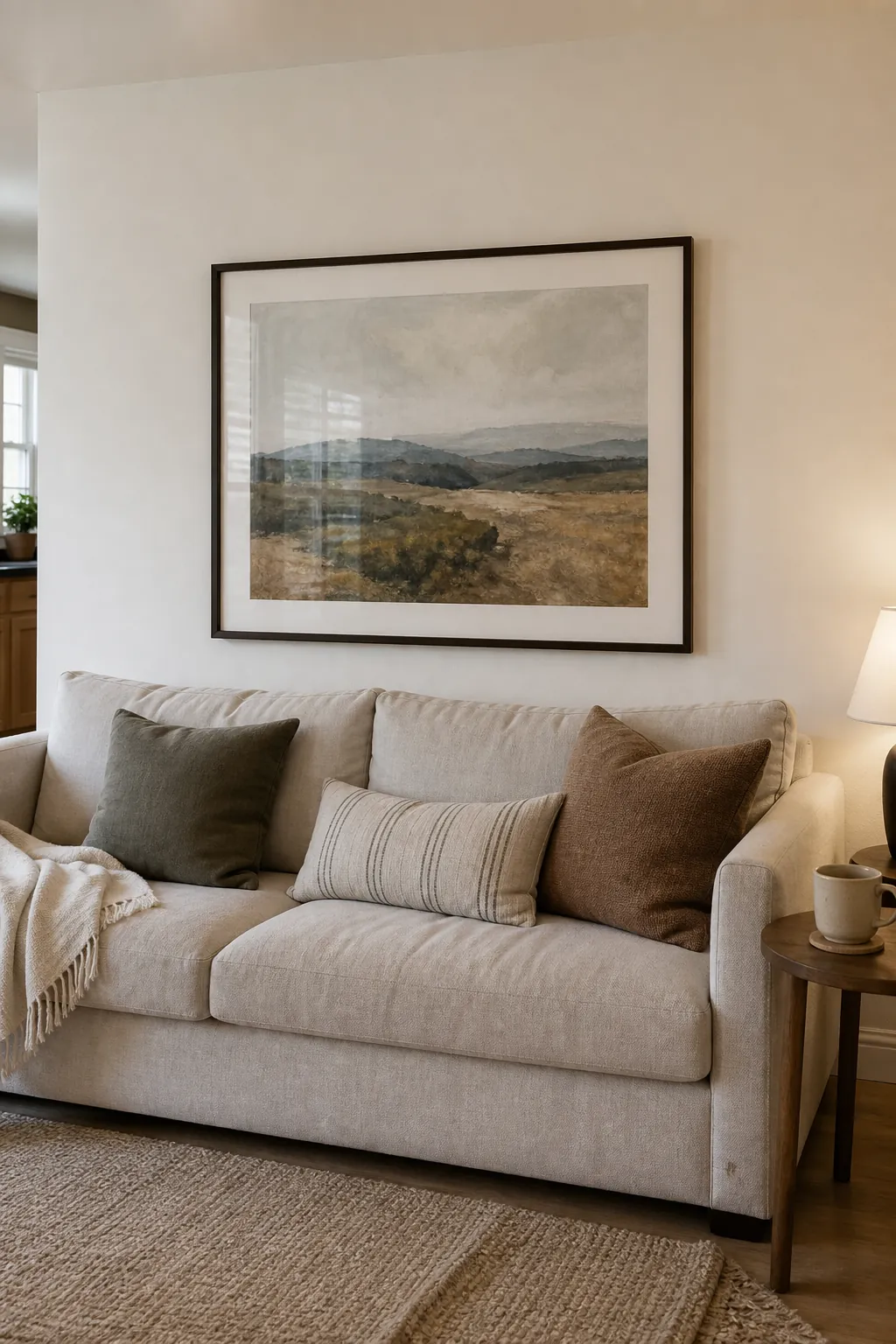 Large anchor art above sofa starting a layered living room wall decor composition