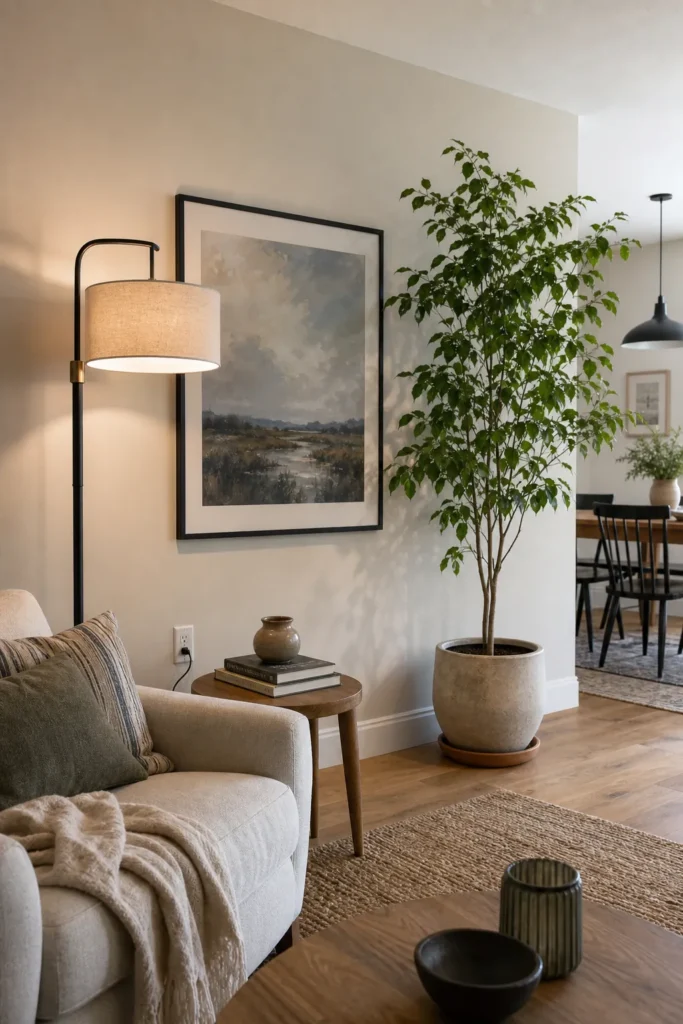Layered living room accent wall with art lamp plant and side table