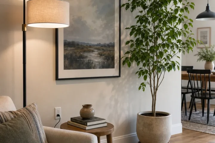Layered living room accent wall with art lamp plant and side table