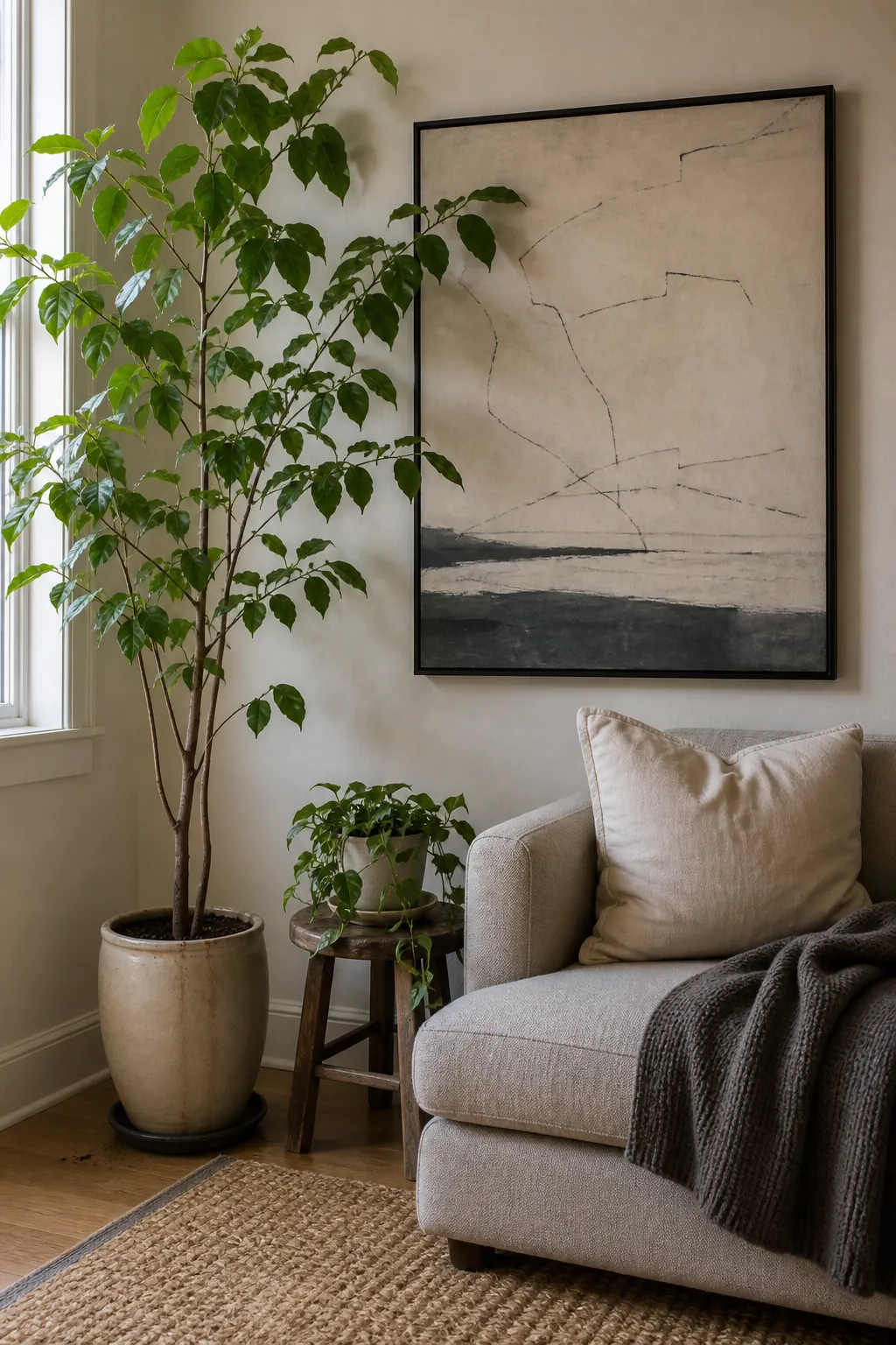 Tall plant softening the edge of framed art on a living room accent wall