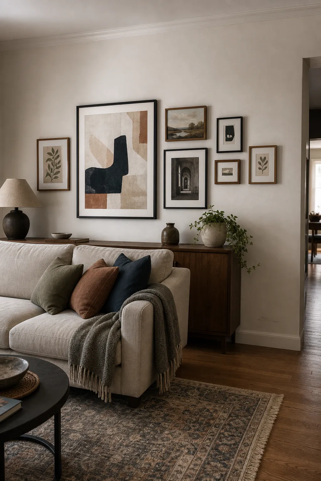 Asymmetrical gallery wall behind an off center couch balancing empty wall space