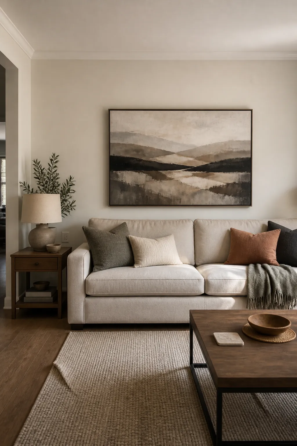 Large wall art centered over an off center sofa instead of the full living room wall