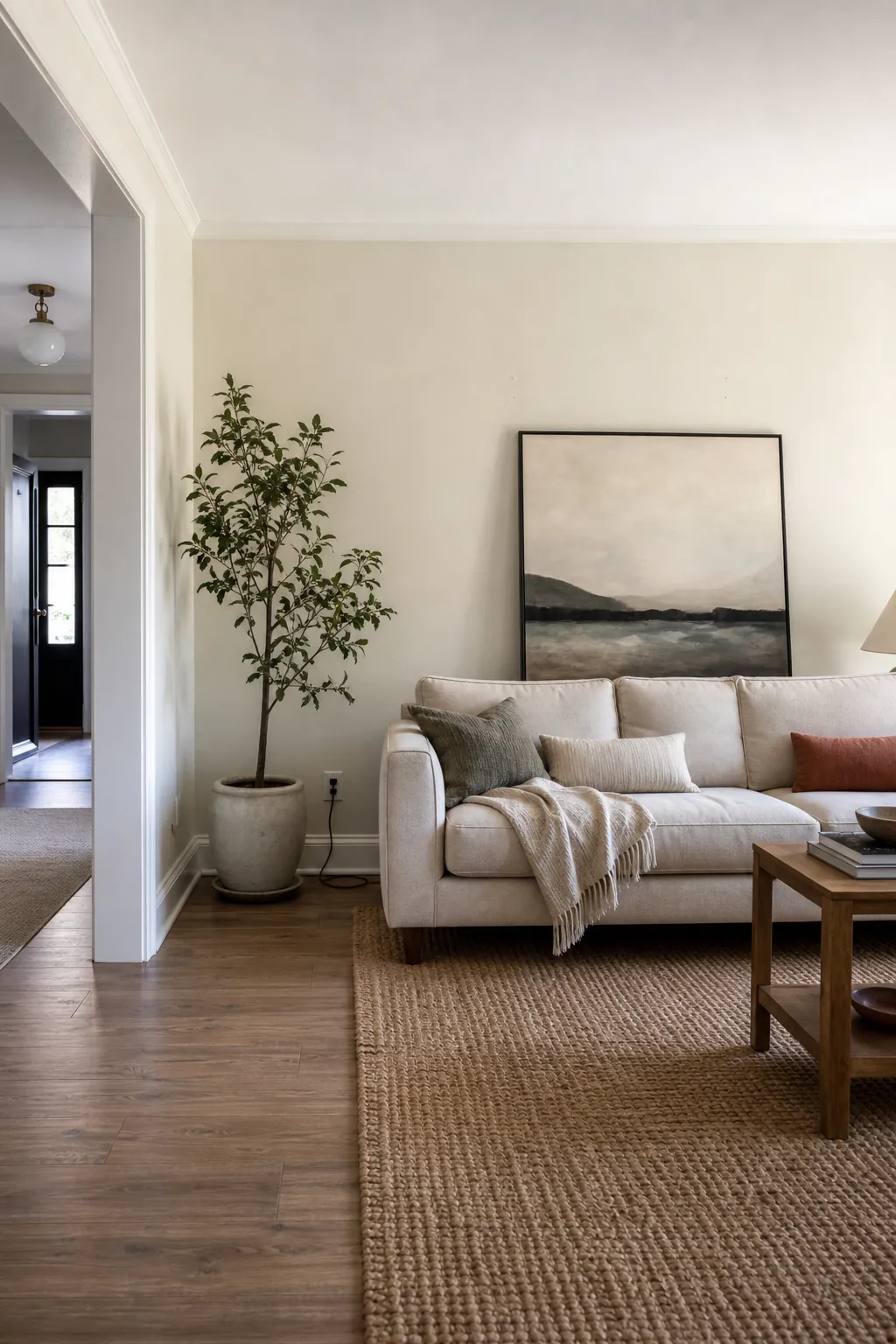 Off center sofa wall decor planning with art centered over the sofa zone and empty wall balanced by a plant