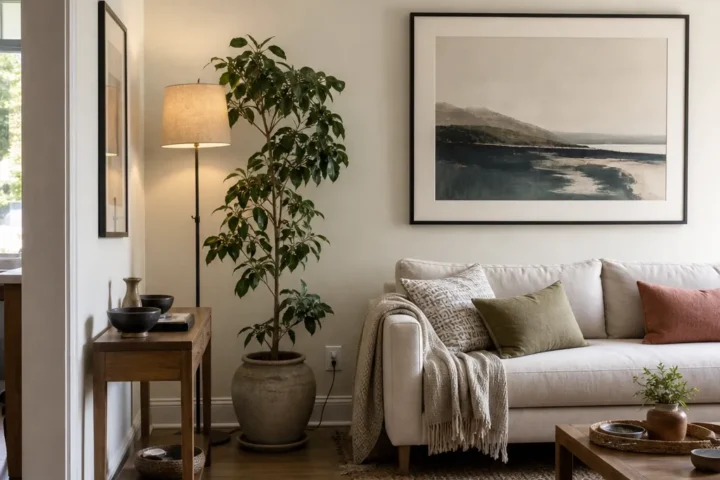 Finished above couch wall decor for an off center sofa with art plant and lamp balance