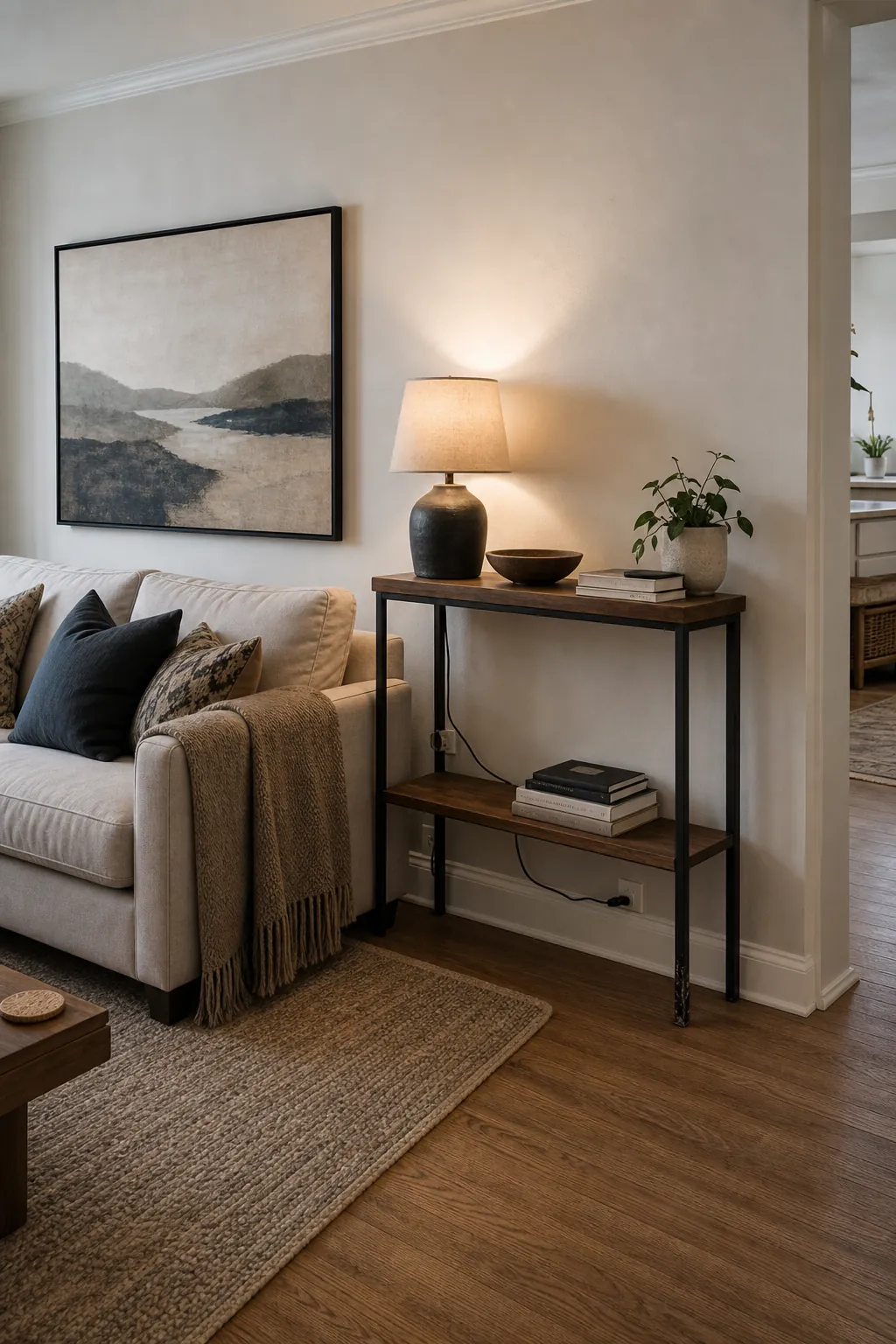 Slim console table bridging extra wall space beside an off center sofa