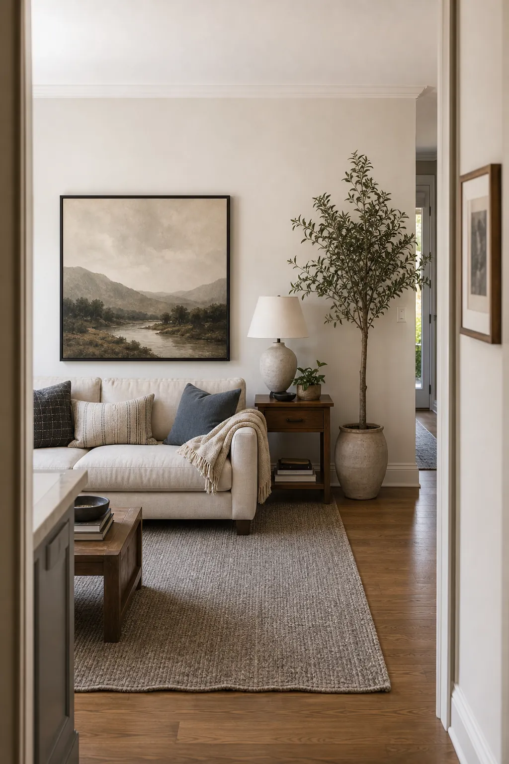 Finished off center sofa wall decor viewed from entry with balanced asymmetrical art lamp and plant