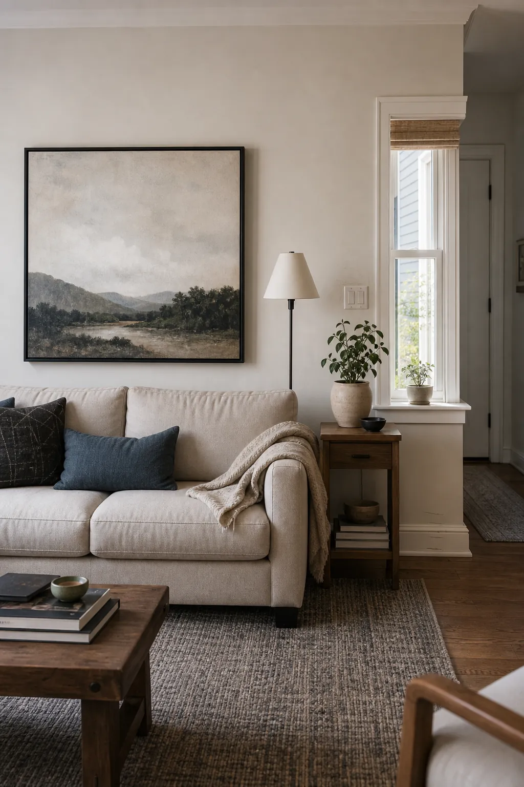 Off center sofa wall decor arranged around a window and switch without forcing symmetry