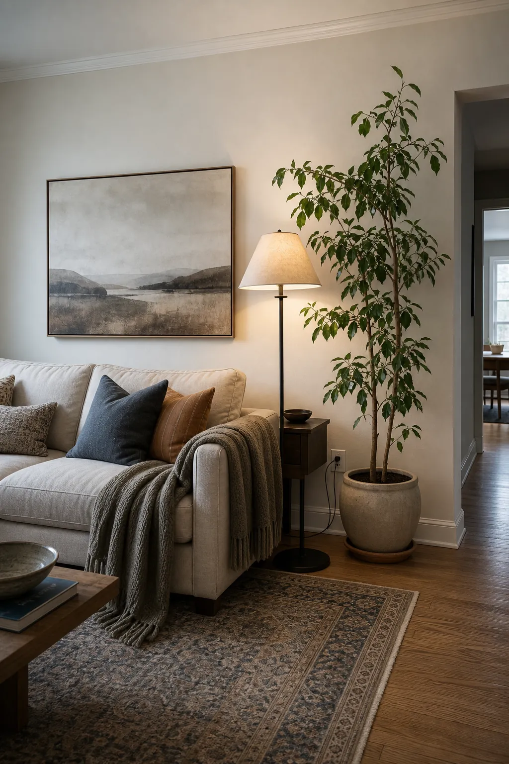 Floor lamp and tall plant balancing the empty side of an off center sofa wall
