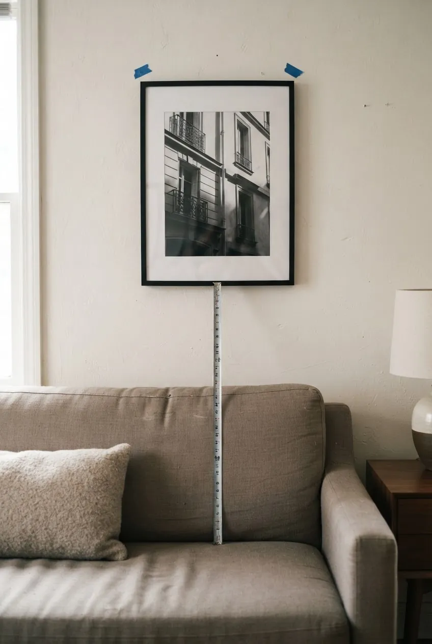 Tape measure showing the ideal art gap above a sofa