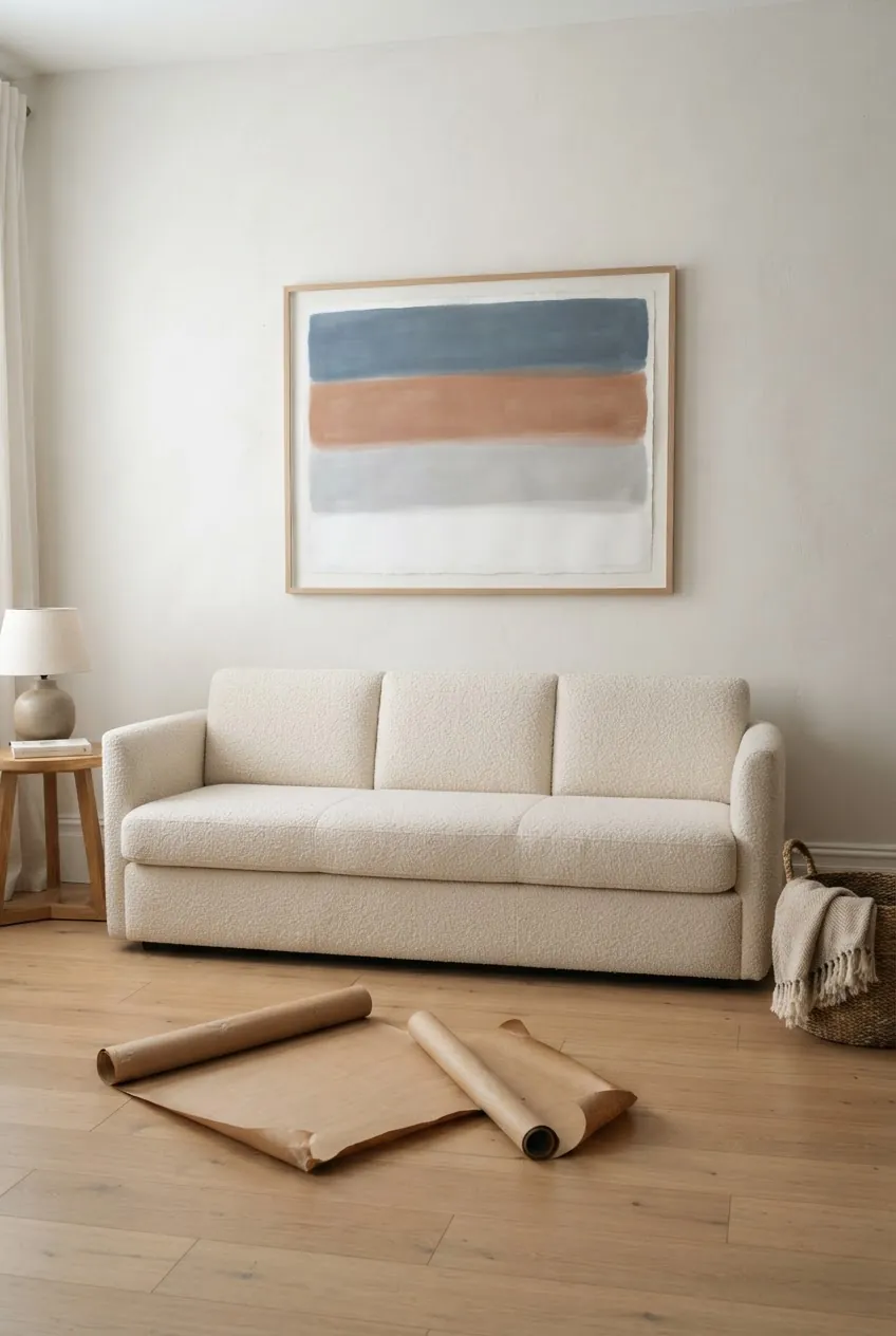 Large wall art sized to roughly two thirds of the sofa width
