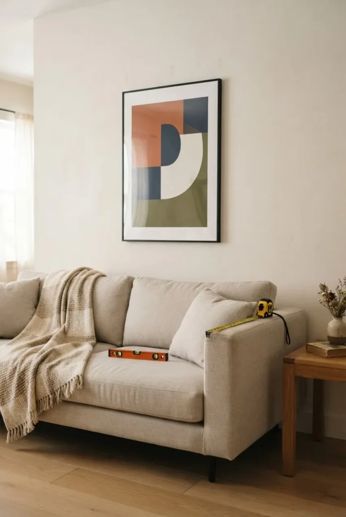 Measured art placement above a sofa in a living room