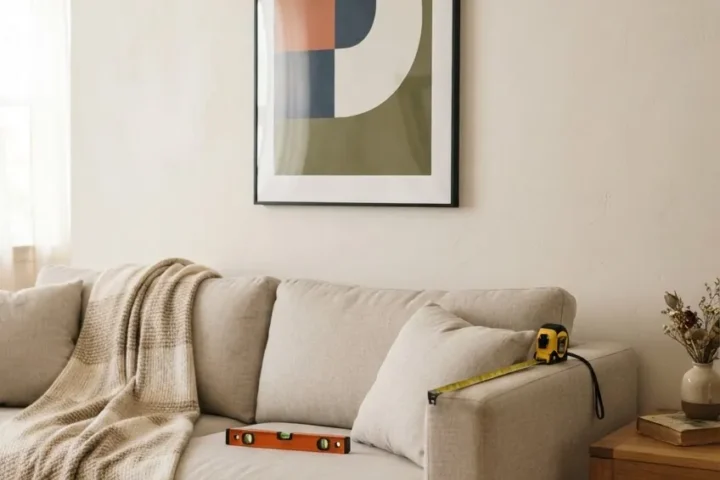 Measured art placement above a sofa in a living room