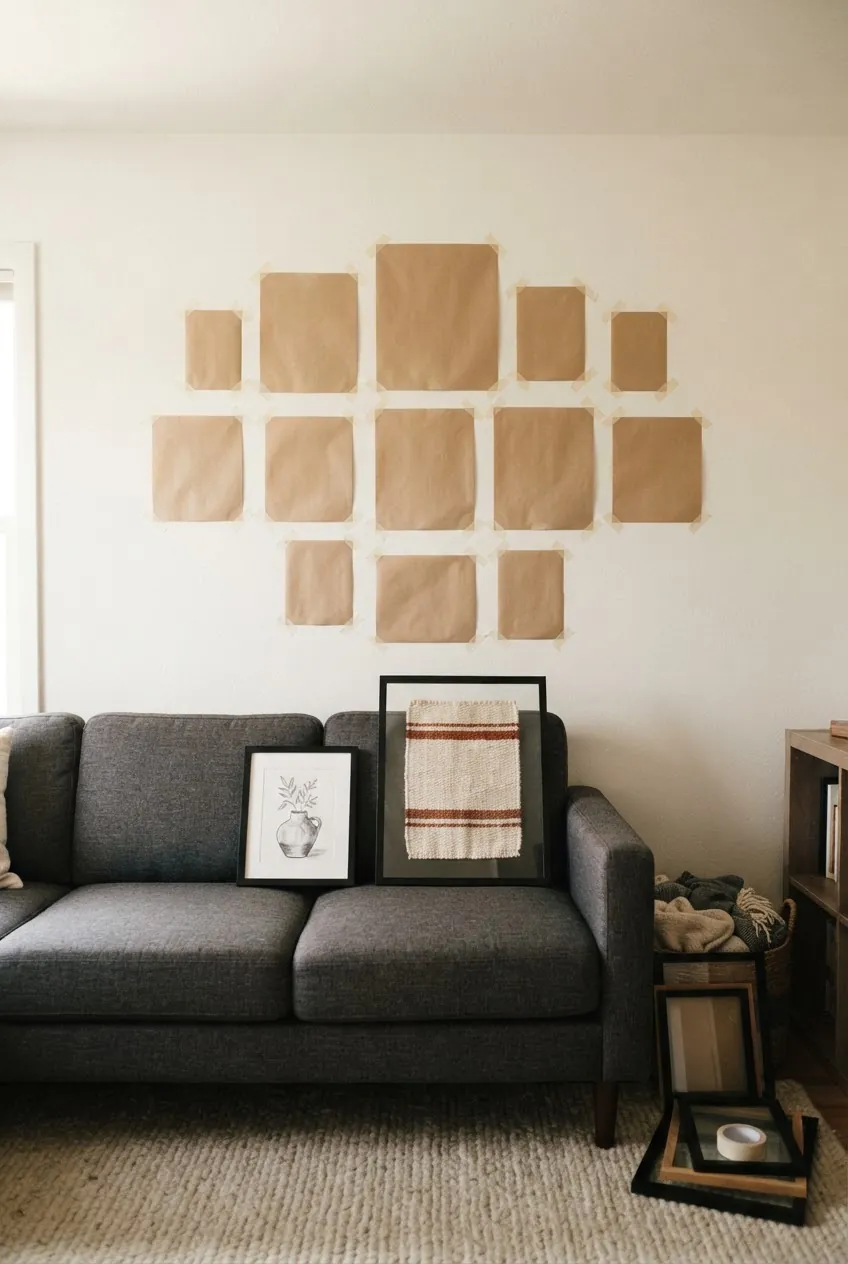 Paper templates planning a gallery wall above a sofa with consistent spacing