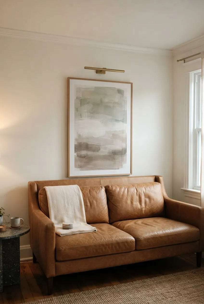 Art above a sofa adjusted lower in a living room with a low ceiling