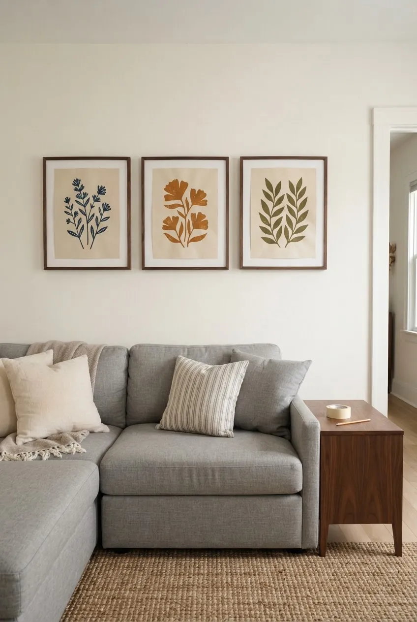 Finished above sofa art placement checked with balanced pillows and wall spacing