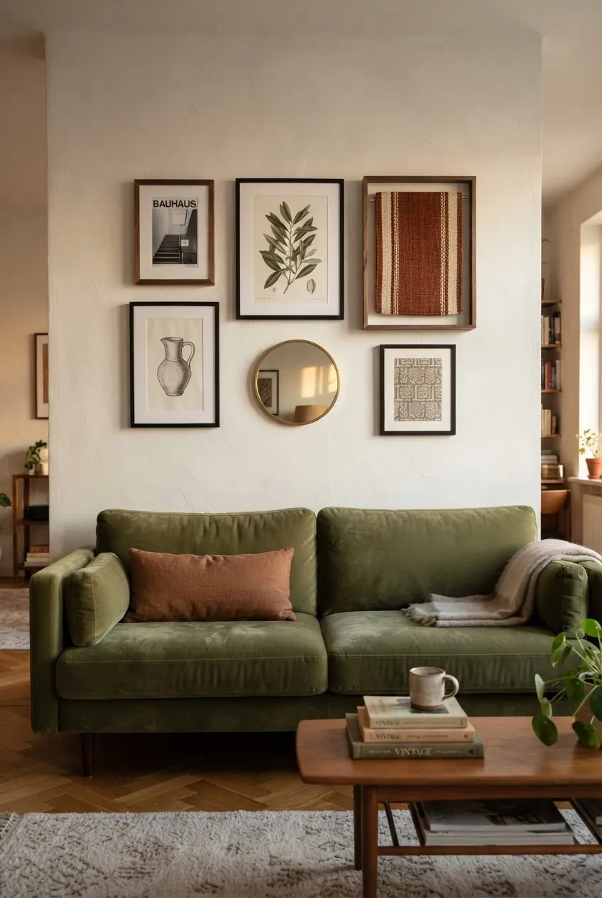 Gallery wall above a sofa adding collected personality without clutter