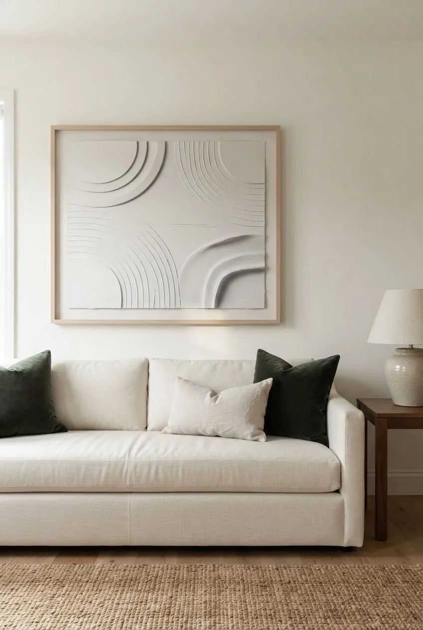 Large art above a couch creating one calm living room focal point