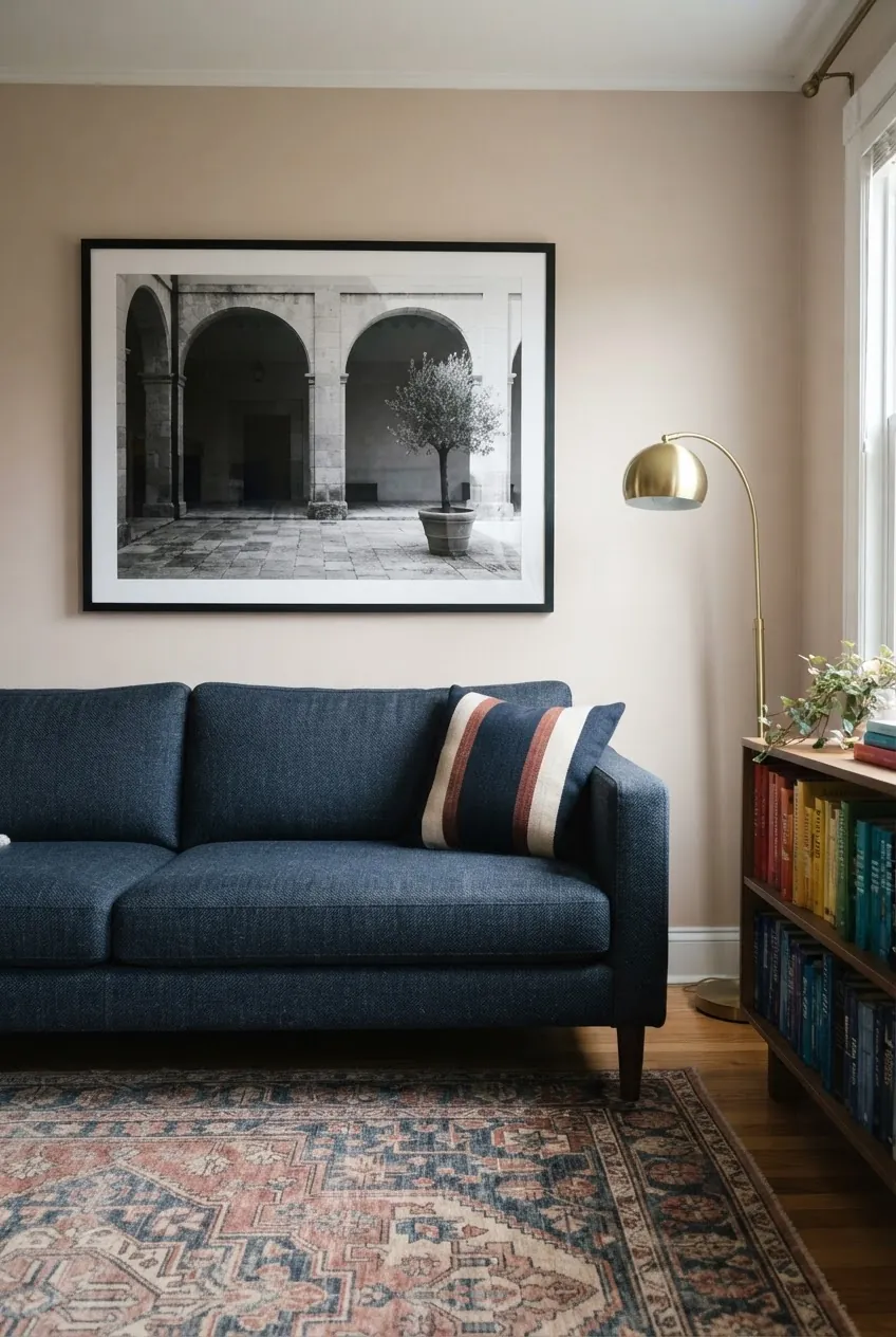 One large monochrome artwork calming a colorful busy living room