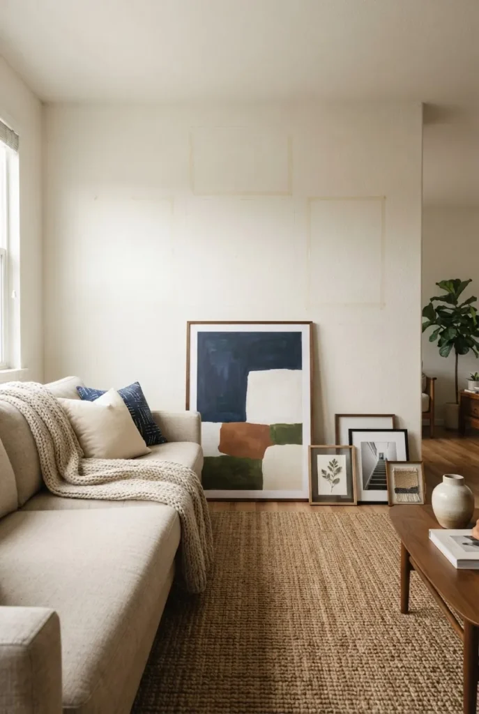 Living room comparing large art and gallery wall options above a sofa