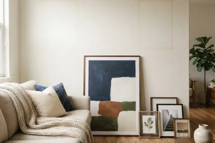 Living room comparing large art and gallery wall options above a sofa