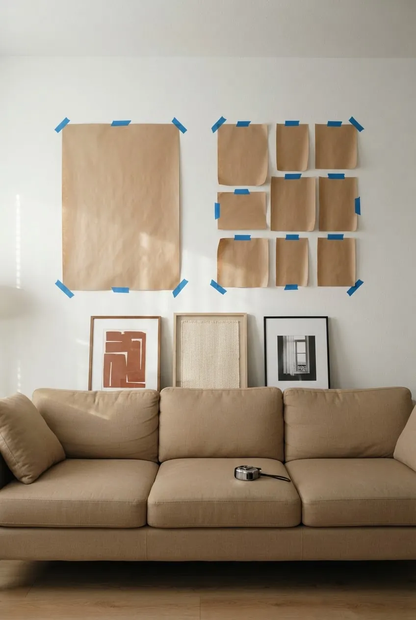 Paper templates comparing large art and gallery wall layouts above a couch