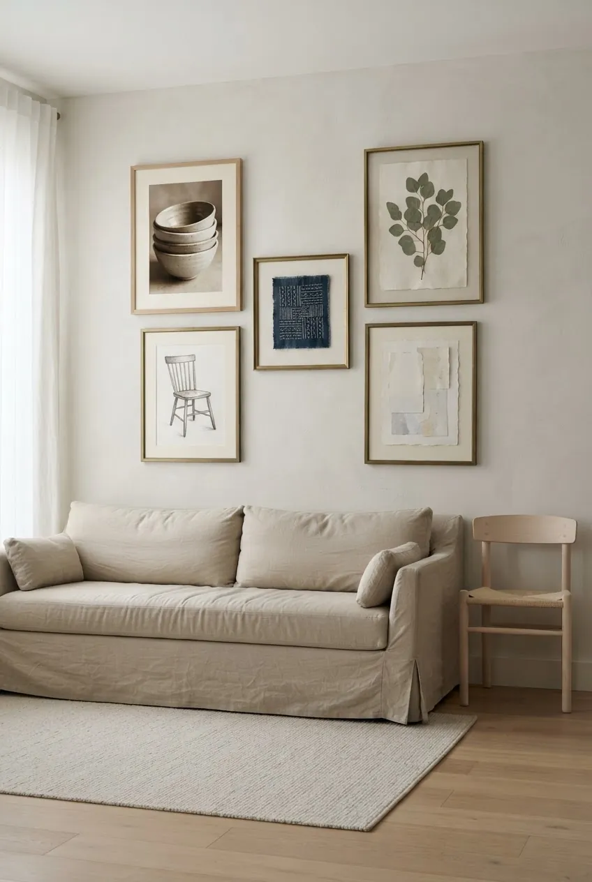 Gallery wall warming up a neutral living room above the sofa