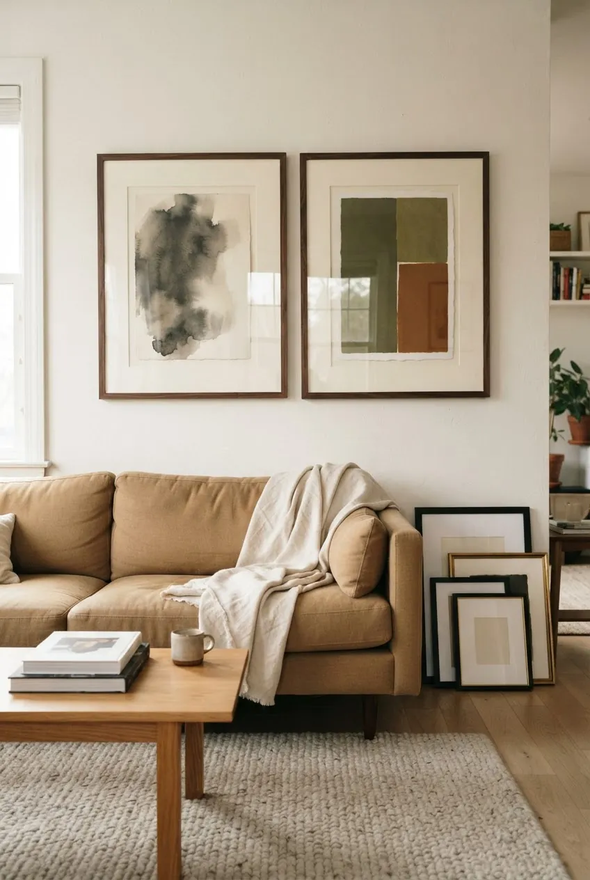 Two coordinated large prints above a couch as a middle option