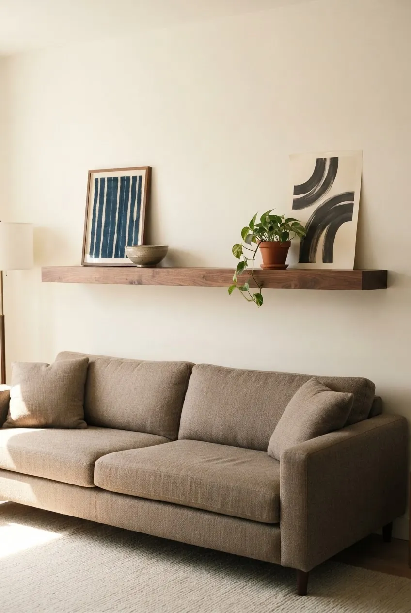 Floating shelf above sofa styled with negative space and few larger pieces