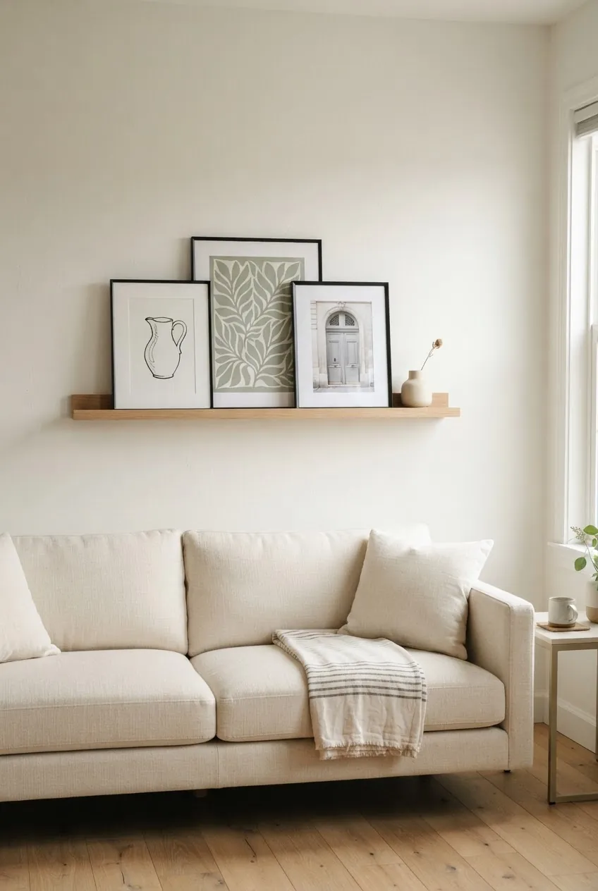 Shallow picture ledge above a couch with minimal framed art