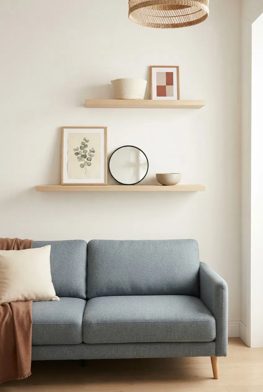 Two floating shelves above a sofa styled lightly without visual crowding