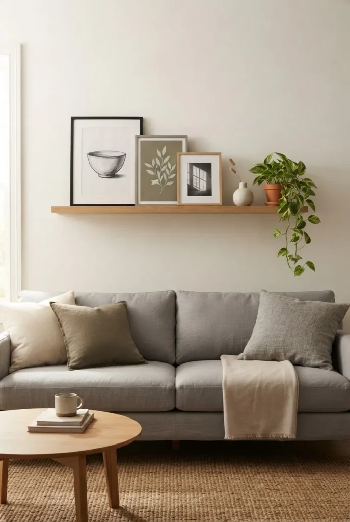 Minimal floating shelf decor above a gray sofa