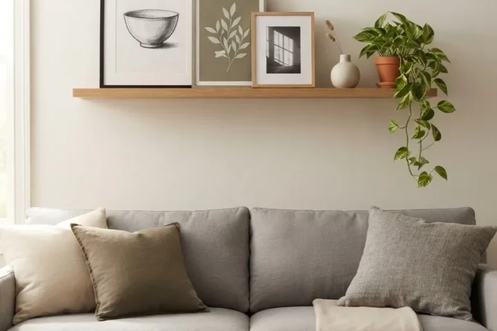 Minimal floating shelf decor above a gray sofa