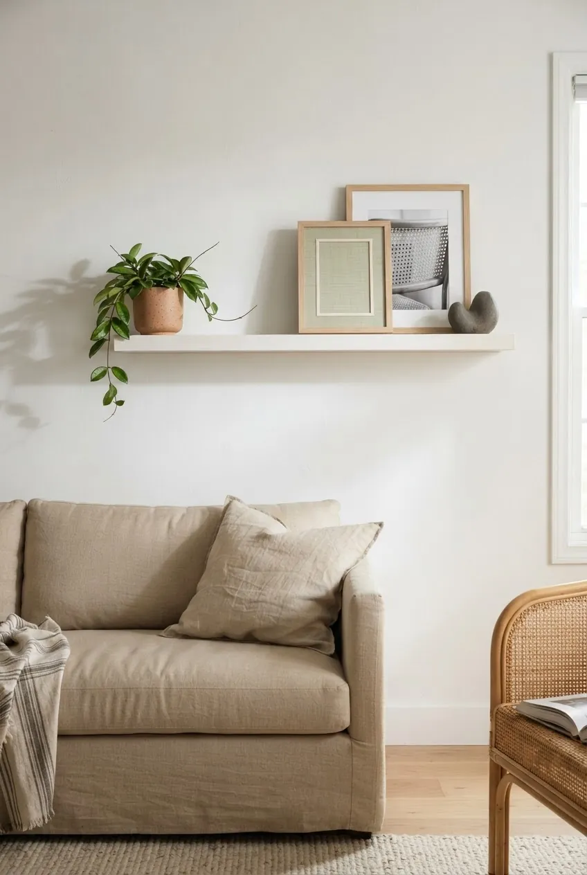 Floating shelf above a sofa styled with one plant and layered frames