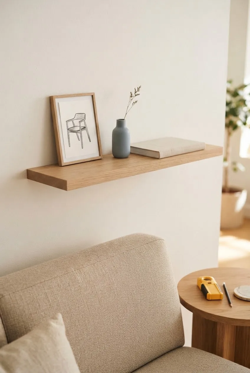 Secure shallow floating shelf above a sofa with light decor only
