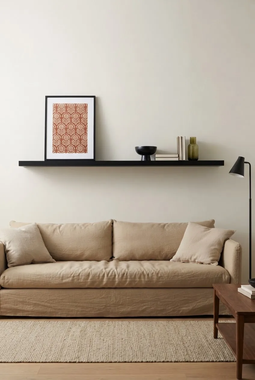 Final minimal shelf styling above couch with balanced spacing