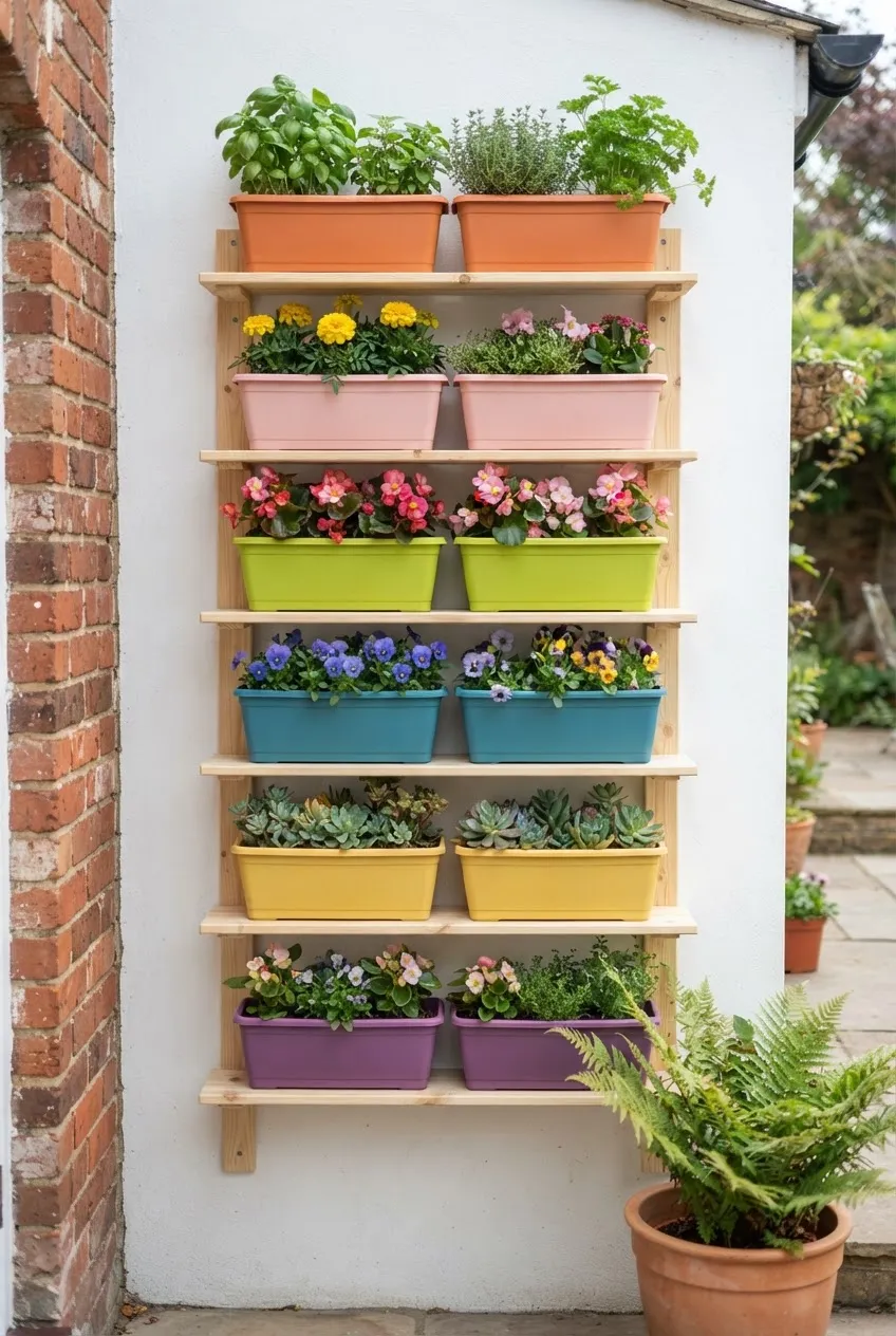 Bright indoor plant arrangement with colorful leaves and decorative pots.