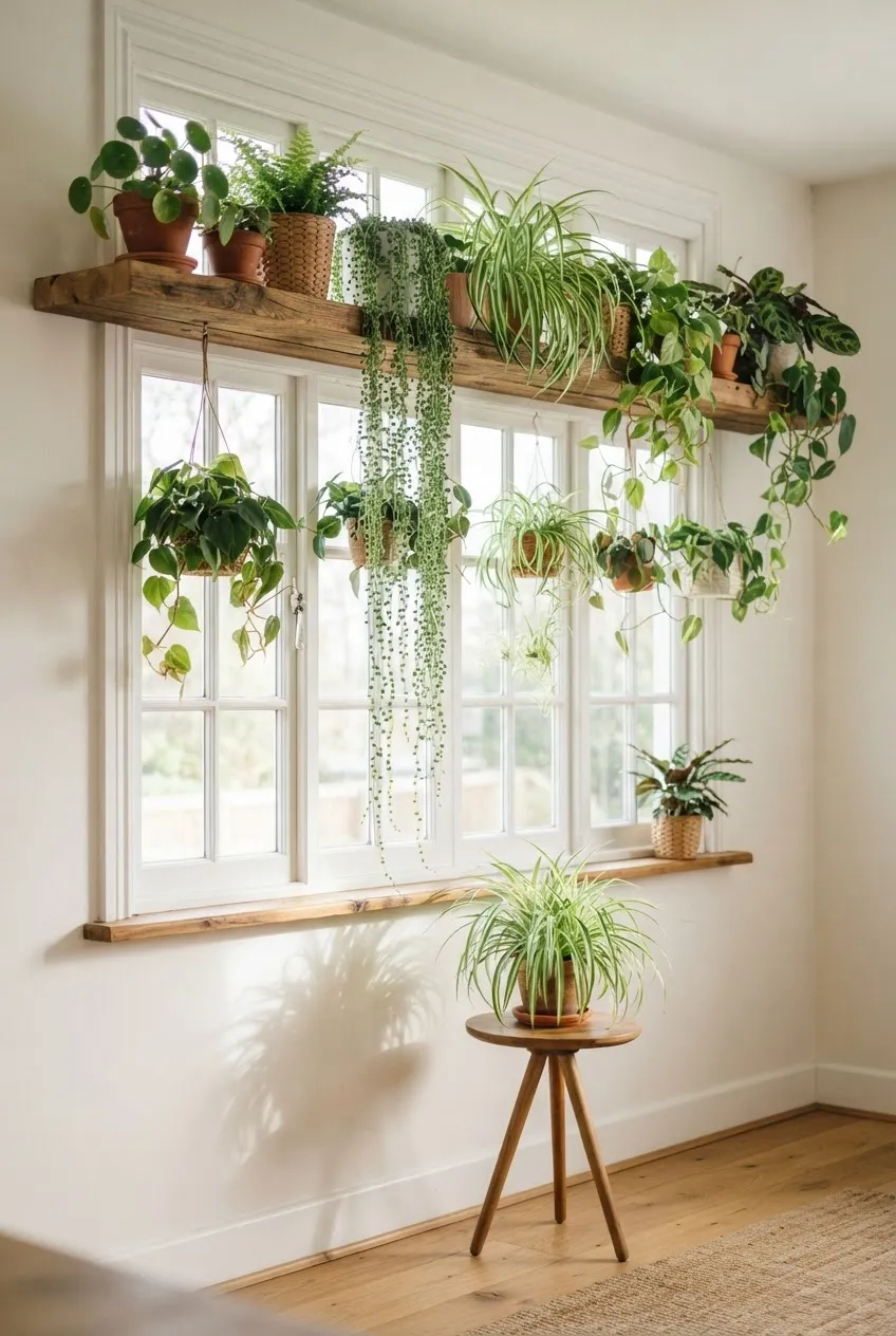 Potted plants hanging from the ceiling in a compact modern apartment.