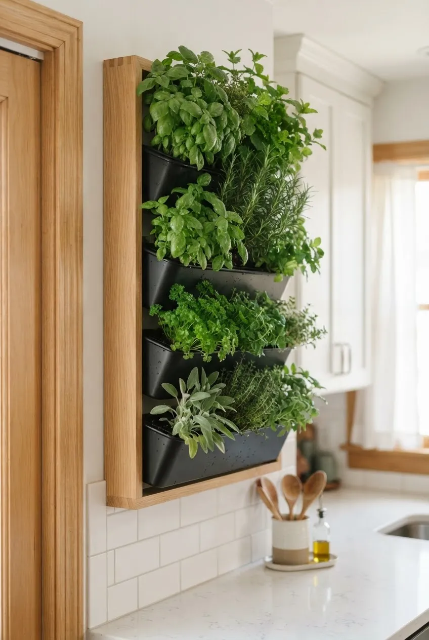 A vertical herb garden installed on a kitchen wall with small terracotta pots.