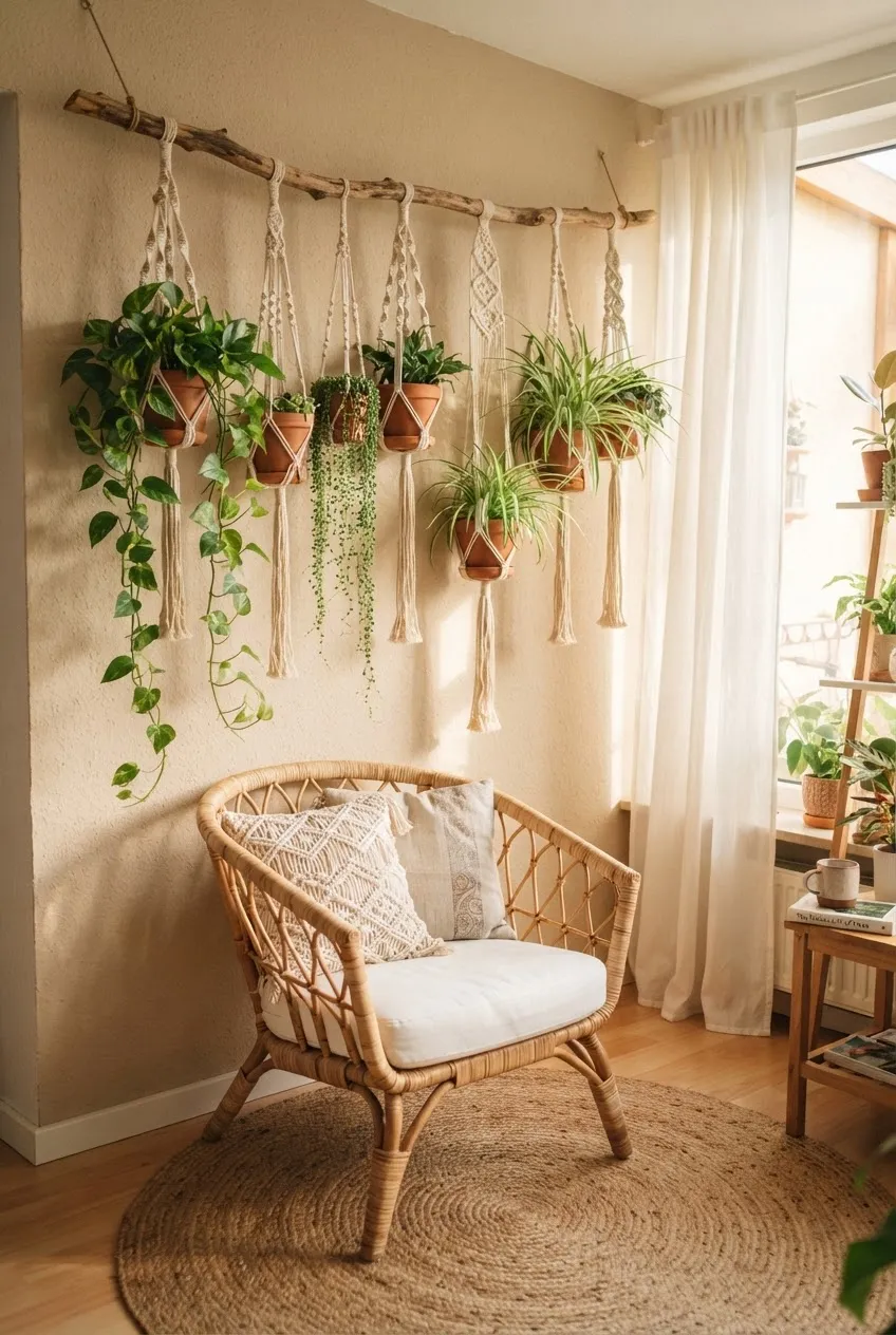 Bohemian style reading nook with plants, wicker furniture, and woven rugs.