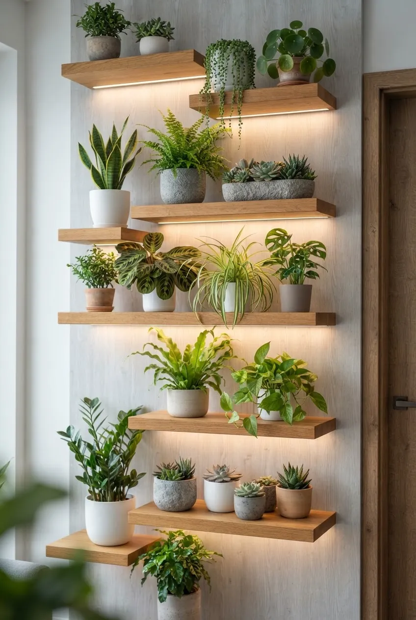 Backlit vertical plant wall glowing in a dimly lit modern living room.