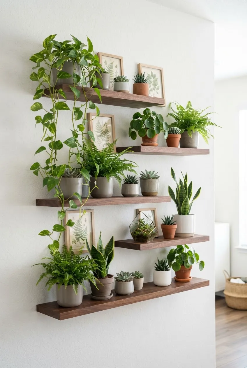 Clean white floating shelves holding a few minimalist green plants.