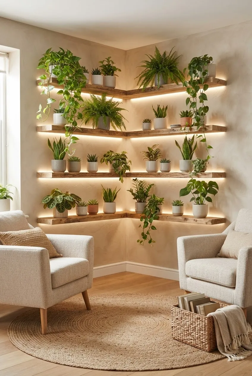 Lush green plants arranged in a corner to save space in a bright room.