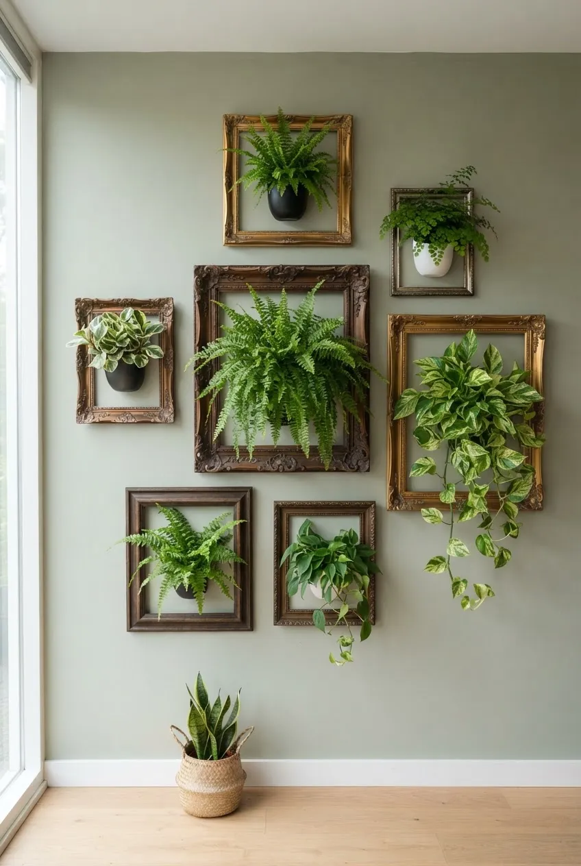 Empty vintage frames surrounding mounted air plants and moss on a wall.