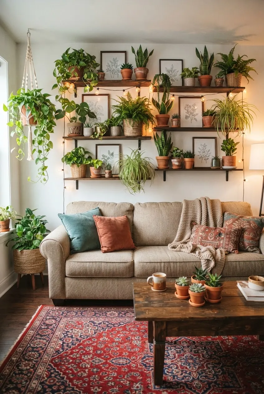 Cozy living room corner with multiple plants layered on the floor and tables.