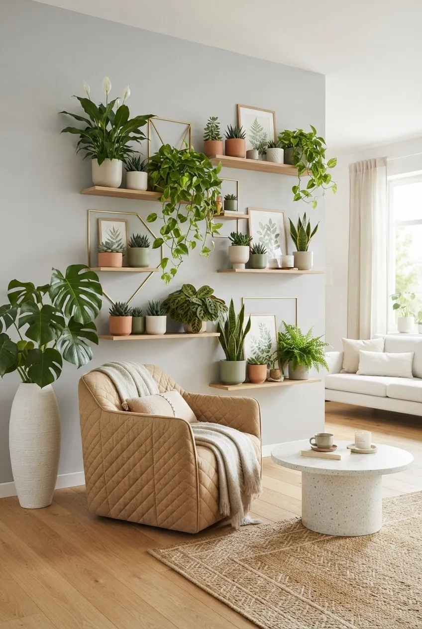 A massive floor-to-ceiling living wall covered in dense green foliage.