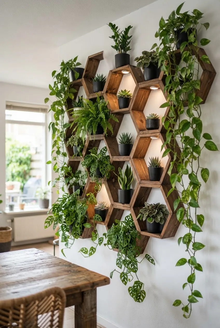 Honeycomb shaped hexagon shelves on a wall filled with small green succulents.