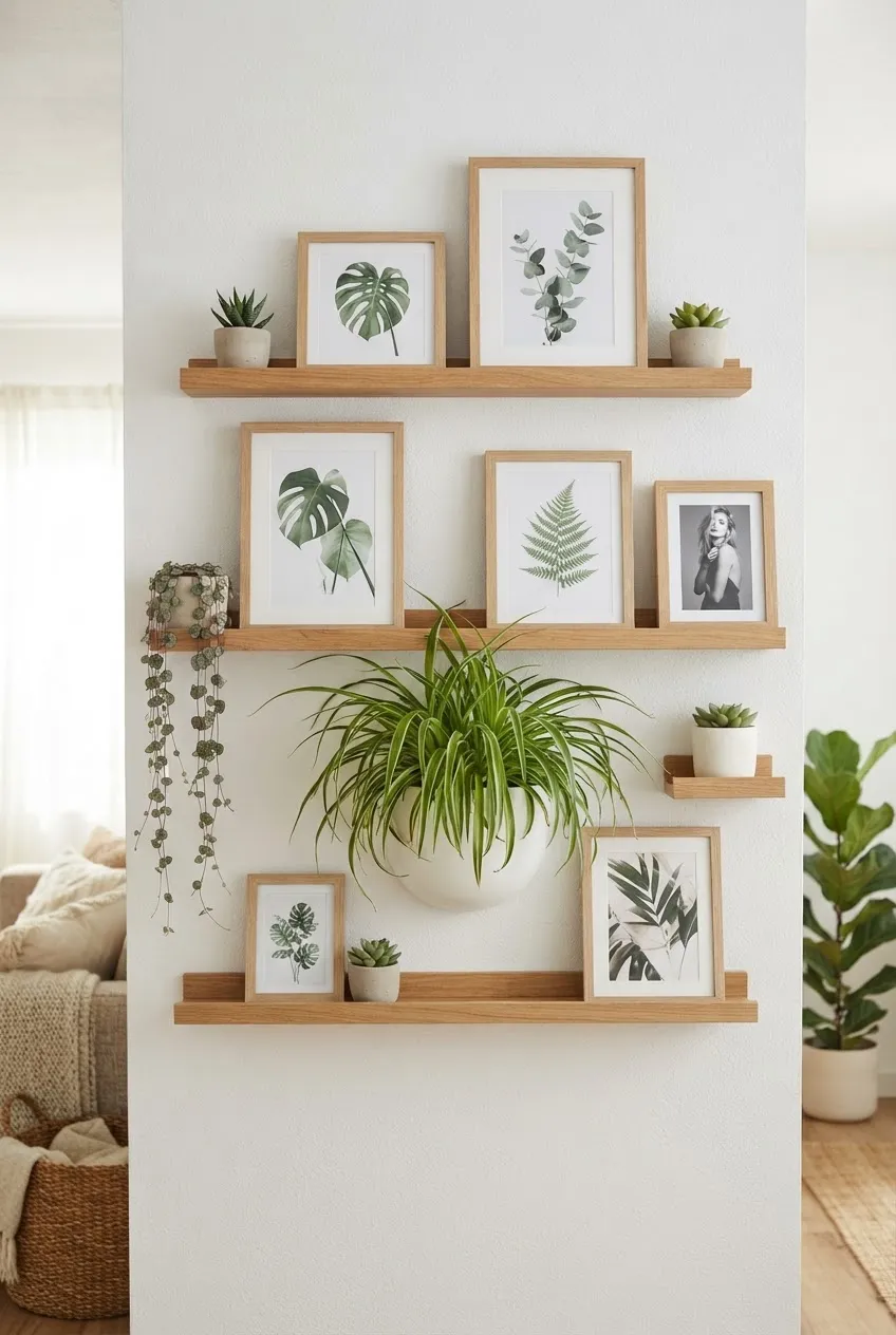 A mix of framed art and wall-mounted plants arranged in a gallery style.