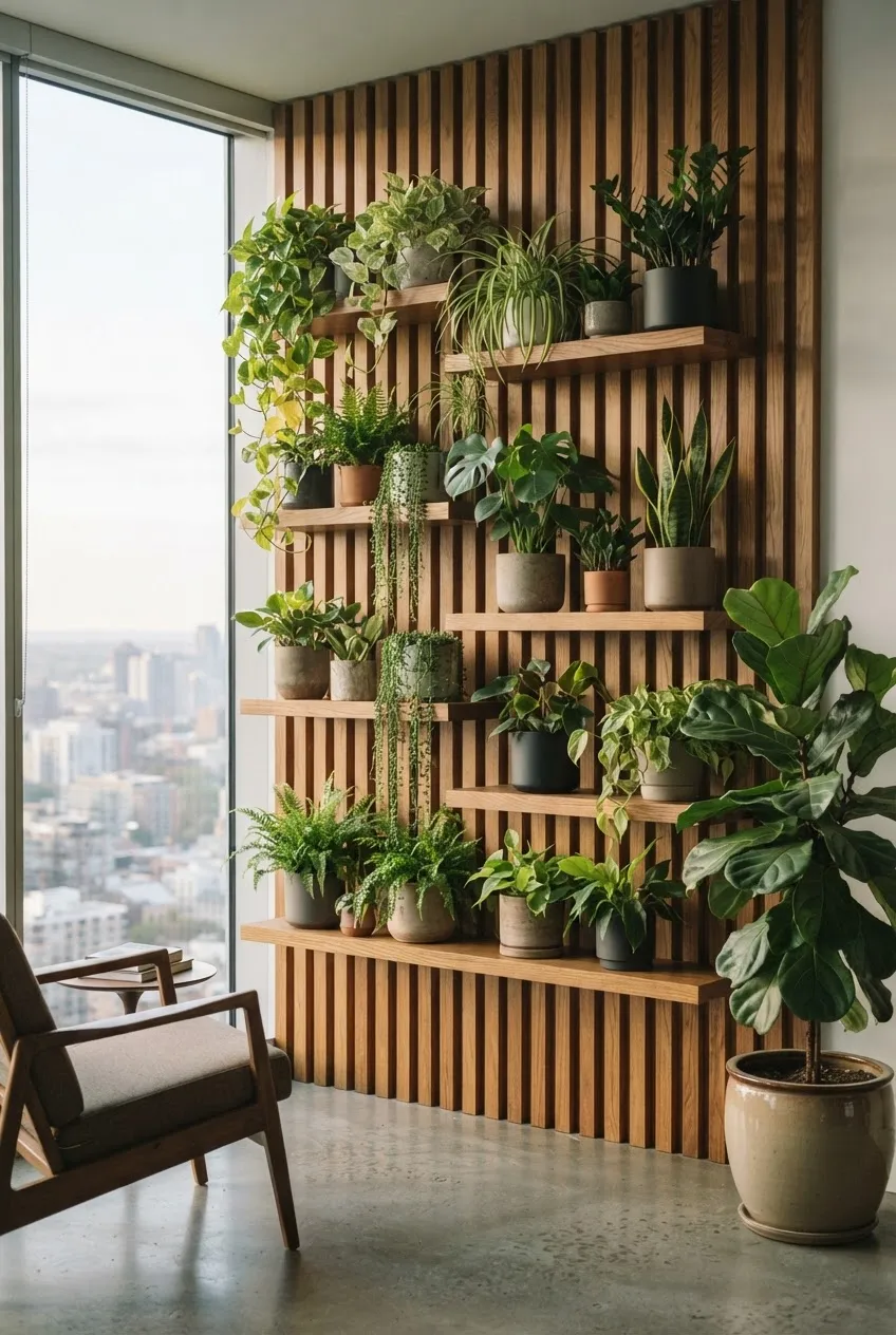 Vertical dark wood slats with small plants attached to create a modern garden.