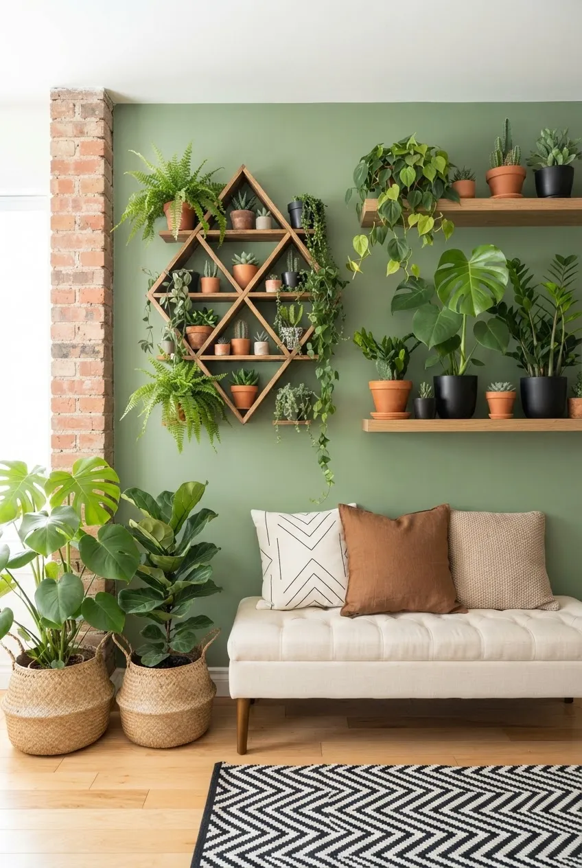 Home interior with sage green walls and complementary green foliage.